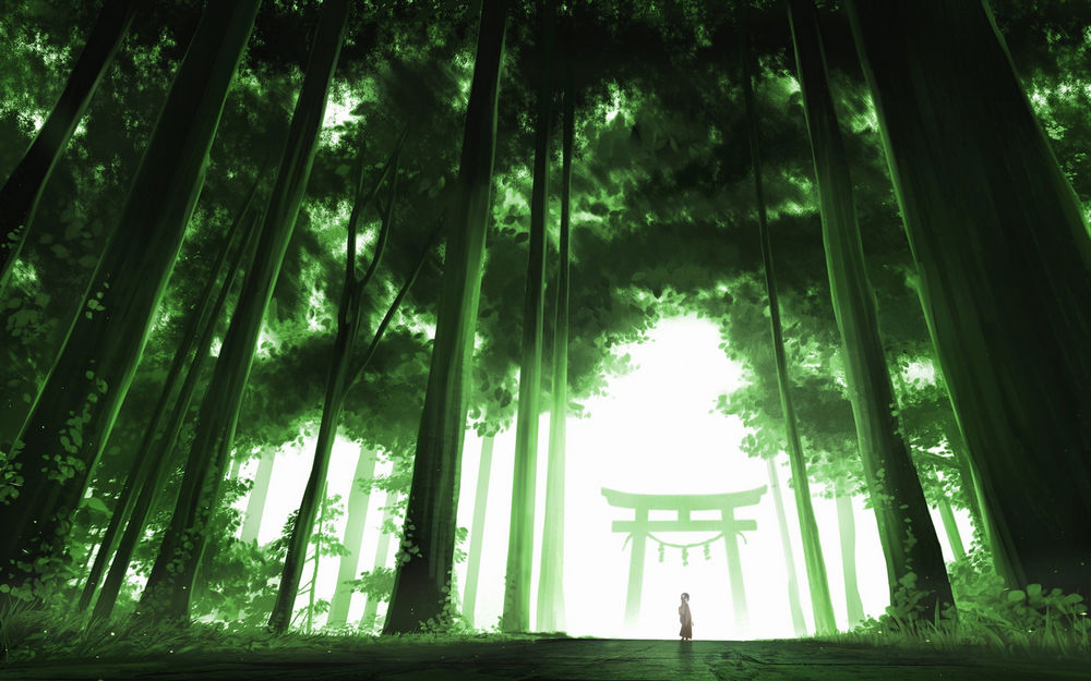 Обои для рабочего стола Девочка оглядывается, стоя в лесу возле японских ритуальных ворот тории, автор оригинала Gensuke