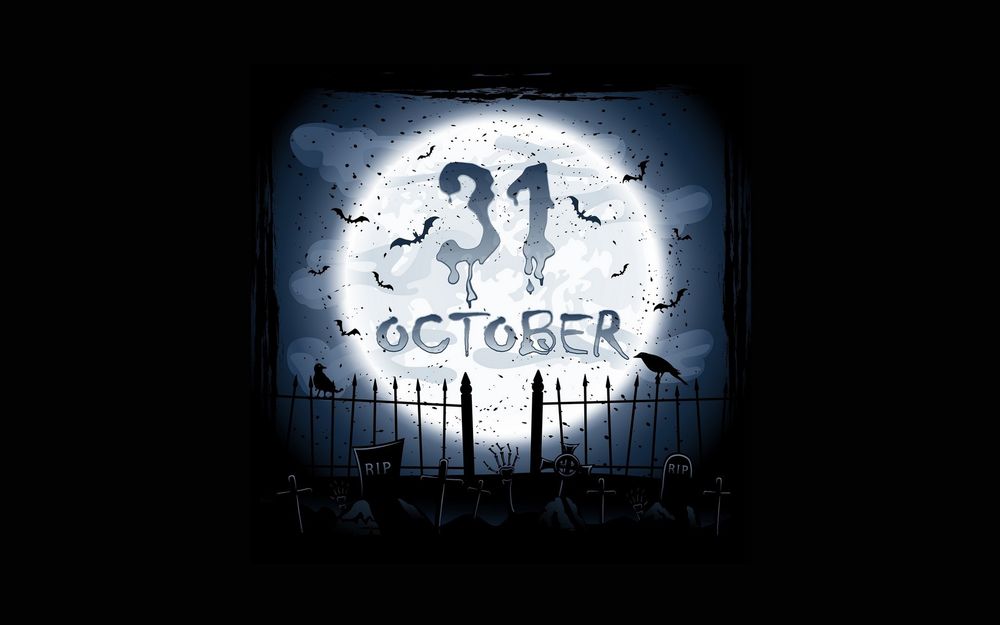 Обои для рабочего стола В ночь на Хэллоуин / Halloween на кладбище руки скелетов торчат из могил, на фоне полной луны (31 october / 31 октября)