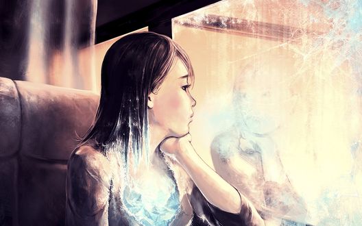 Обои на рабочий стол Девушка с ледяной грудью смотрит в окно автобуса, art by aquasixio