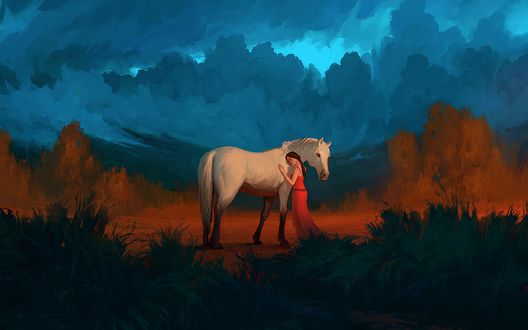 Обои на рабочий стол Девушка стоит возле коня в поле, art by Rhads