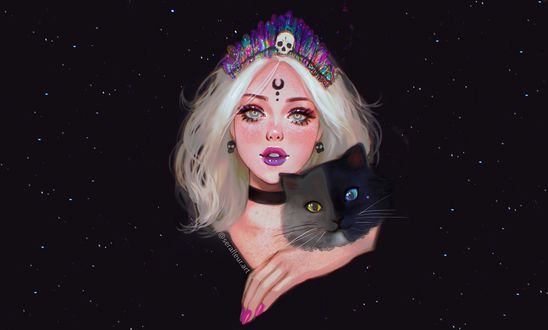 Обои на рабочий стол Девушка с черным котом, у которого разного цвета глаза, by serafleurвЂЏ
