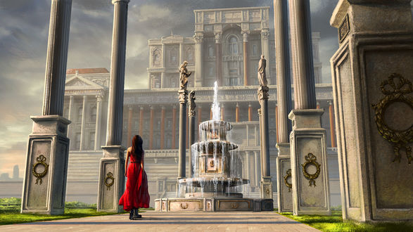 Обои на рабочий стол Девушка в красном платье стоит перед Albus - Royal Palace / Альбусом-Королевским Дворцом, by Edward Barons