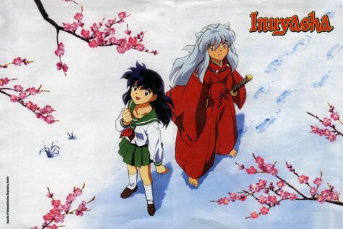 Обои на рабочий стол Kagome Higurashi и демон Inuyasha любуются на цветущую сакуру из аниме Инуяша / InuYasha, by Rumiko Takahashi