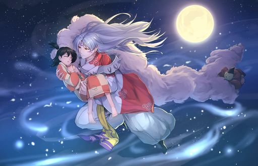Обои на рабочий стол Демон Sesshomaru / Сесшомару несет на руках Rin на фоне ночного неба и полной Луны, за ними увязался Jaken, из аниме InuYasha / Инуяша