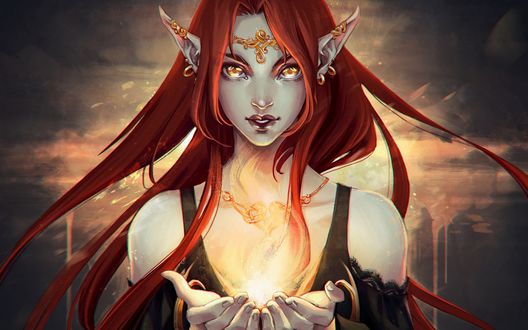 Обои на рабочий стол Рыжая эльфийка с магическим сиянием в руках, by Aleksandra Alekseeva