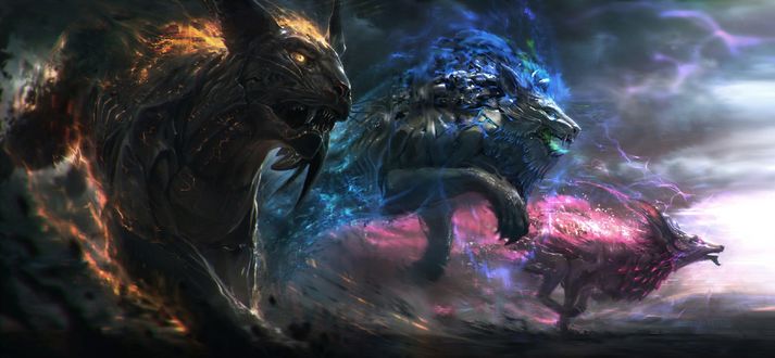 Обои на рабочий стол Гигантские фэнтезийные животные, горящие магическим пламенем разного цвета, by Jonas De Ro