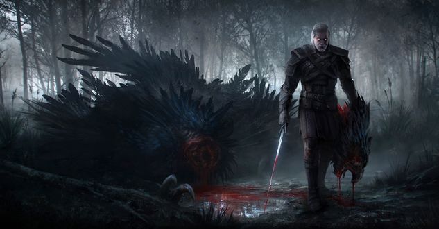 Обои на рабочий стол Геральд идет с отрубленной головой монстра, арт к игре Witcher 3 / Ведьмак 3, by Jonas De Ro