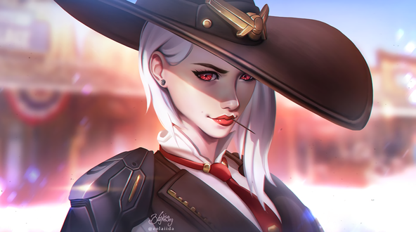Обои на рабочий стол Ashe / Эш с красными глазами из Overwatch, by Lisa Buijteweg