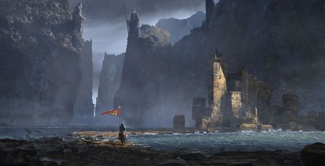 Обои на рабочий стол Рыцарь на коне стоит на The Ancient Kings path / пути Древних Королей, недалеко от замка среди реки, by Alejandro Olmedo