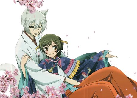 Обои на рабочий стол Демон-лис Tomoe / Томое и Nanami Momozono / Нанами Момозоно сидят вместе под цветущей сакурой из аниме Kamisama Hajimemashita / Очень приятно, Бог, art by Julietta Susuki