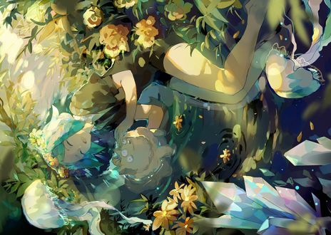 Обои на рабочий стол Phosphophyllite / Фосфофиллита с закрытыми глазами лежит в воде среди медуз, цветов и кристаллов из аниме Houseki no Kuni / Страна самоцветов