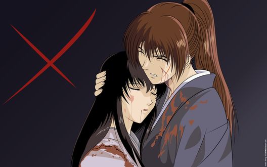Обои на рабочий стол Раненный Химура Кеншин / Himura Kenshin обнимает подругу из аниме Самурай Х / Samurai Х / Бродяга Кеншин / Tramp Kenshin, by Atsuko Nakojima