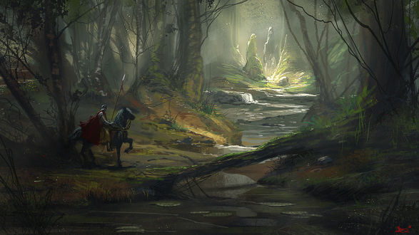 Обои на рабочий стол Рыцарь на коне в лесу, by Alejandro Olmedo