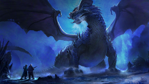 Обои на рабочий стол Дракон смотрит на двух мужчин, by Alejandro Olmedo