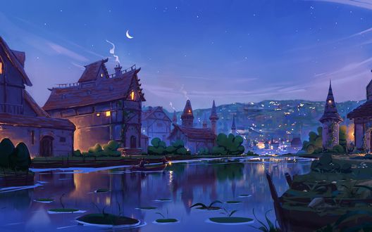 Обои на рабочий стол Двое в лодке плывут по спокойной реке вдоль домов, art by Denis Istomin