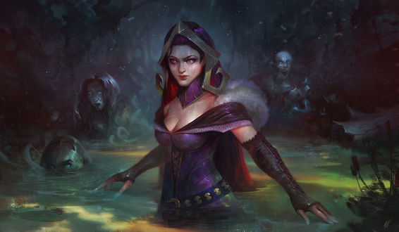 Обои на рабочий стол Ведьма Liliana / Лилиана стоит в воде с демонами, by Dave Greco