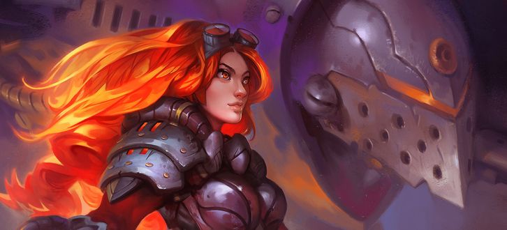 Обои на рабочий стол Девушка-солдат Chandra / Чандра с роботом из игры Iron Kingdoms / Железные Королевства, by Dave Greco