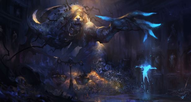 Обои на рабочий стол Демон в склепе, забирающий душу человека, by Dave Greco
