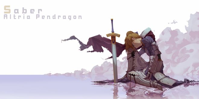 Обои на рабочий стол Saber / Сабер с мечом в руках стоит на коленях из аниме Fate / stay night / Судьба: Ночь Прибытия