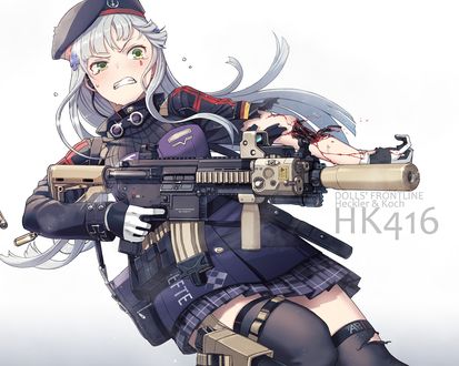 Обои на рабочий стол Раненная HK 416 стреляет из автомата из игры Girls Frontline
