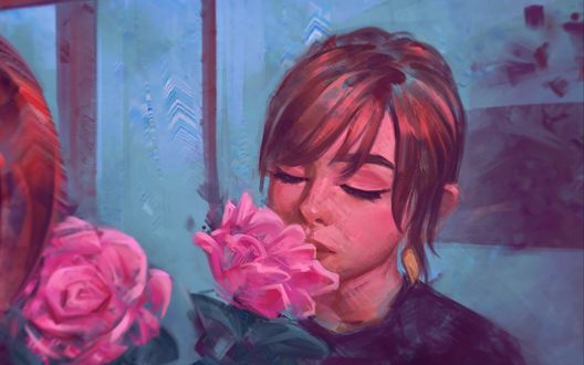Обои на рабочий стол Девушка с розовой розой у зеркала, art by Angel Ganev