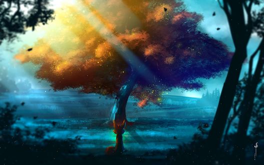 Обои на рабочий стол Кот сидит перед большим деревом, art by Sava-G