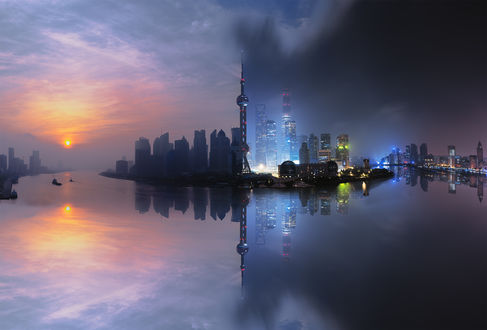 Обои на рабочий стол Shanghai, China / Шанхай, Китай ночью и на рассвете