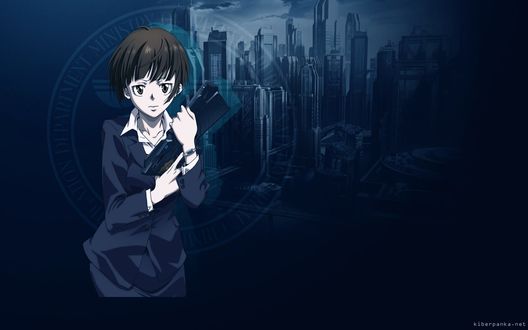 Обои на рабочий стол Обои персонаж аканэ цунэмори / akane tsunemori из аниме психопаспорт / psyho-pass на синем фоне с пистолетом в руках