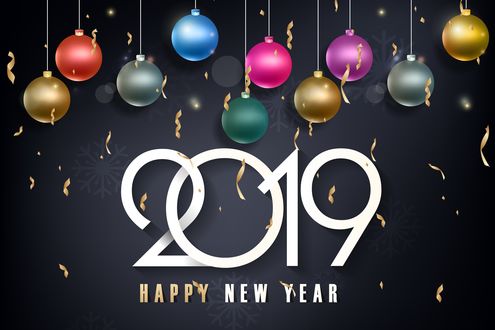 Обои на рабочий стол Разноцветные елочные украшения (2019 Happy new year)