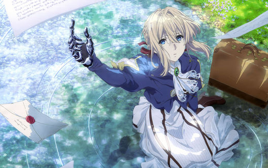 Обои на рабочий стол Violet Evergarden / Вайолет Эвергардэн, сидя в луже с чемоданом, ловит улетевшее письмо из аниме Violet Evergarden