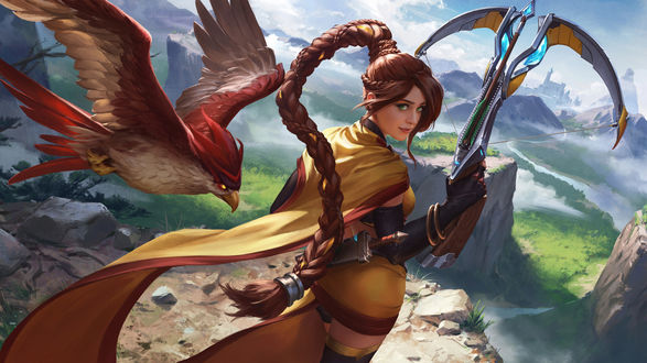Обои на рабочий стол Девушка-охотник с арбалетом Cassie / Кэсси из игры Paladins Strike, by XiaoGuang Sun