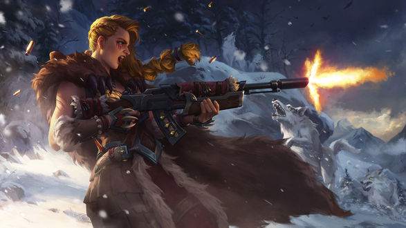 Обои на рабочий стол Воительница Tyra / Тайра и волки из игры Paladins Strike, by XiaoGuang Sun