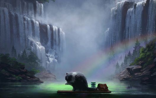 Обои на рабочий стол Кошка лижет лапу на фоне водопада и радуги, art by Andrew Palyanov