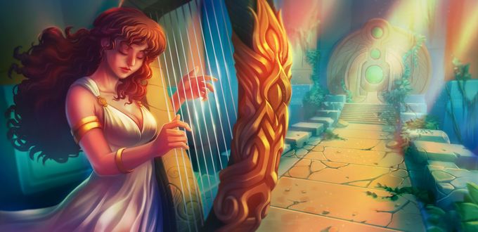 Обои на рабочий стол Девушка играет на арфе, by estivador