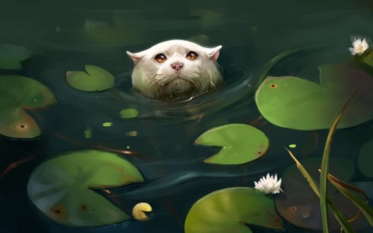 Обои на рабочий стол Кошка в воде среди кувшинок, art by SalamanDra-S