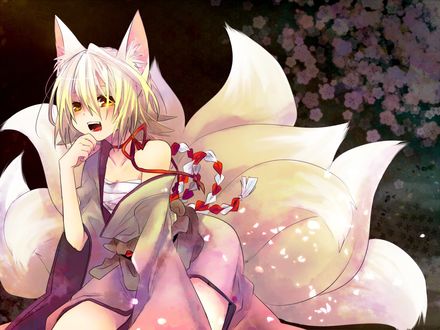 Обои на рабочий стол Vocaloid Kagamine Rin / вокалоид Кагамине Рин в образе многохвостой лисы