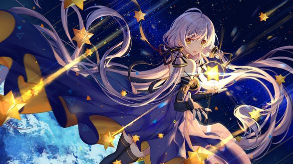 Обои на рабочий стол Vocaloid Xingchen / Вокалоид Ксингчен держит сияющую звезду на фоне звездного неба