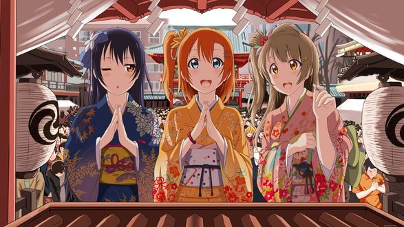 Обои на рабочий стол Kotori Minami / Котори Минами с подругами загадывает желание в храме из аниме Love Live!/Живая любовь! Проект Школьный идол