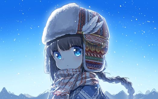 Обои на рабочий стол Девочка в красивой шапке на фоне голубого неба, art by darnell