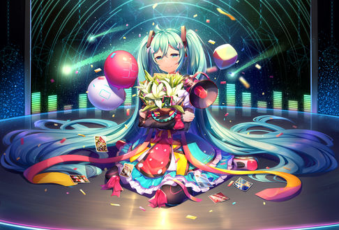 Обои на рабочий стол Vocaloid Hatsune Miku / Вокалоид Хацунэ Мику с букетом цветов в руках сидит на сцене, возле нее разбросаны фотографии и конфетти, art by pupupu