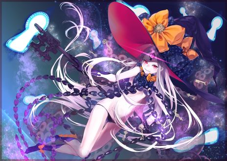 Обои на рабочий стол Abigail Williams / Эбигейл Уильямс в магическом пространстве, на голове у нее огромная ведьмовская шляпа а в руках большой ключ, персонаж из мобильной онлайн-игры Fate / Grand Order, art by fumizuki