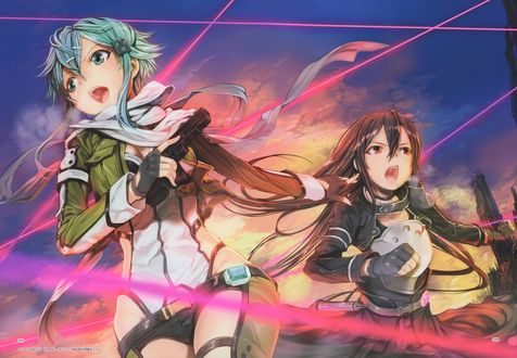 Обои на рабочий стол Kirigaya Kirito / Киригая Кирито и Asada Shinon / Асада Шинон из аниме Sword Art Online / Мастера Меча онлайн