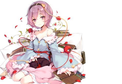 Обои на рабочий стол Komeiji Satori / Сатори Комейдзи сидя в окружении подушек и книг гладит кошку, персонажи из серии компьютерных игр Touhou Project / «Проект «Восток»», art by ke-ta