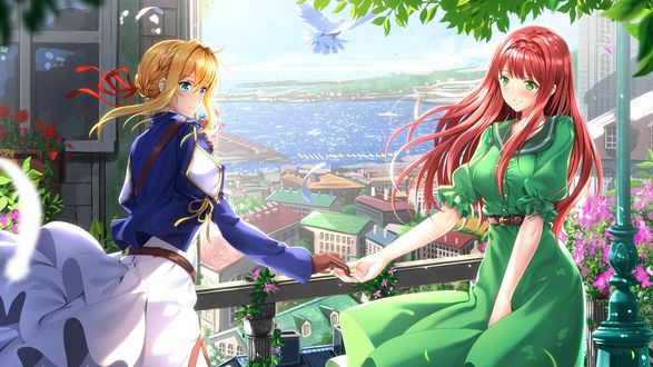 Обои на рабочий стол Violet Evergarden / Вайолет Эвергарден протягивает руку Luculia Marlborough / Лукулия Мальборо, персонажи из аниме Violet Evergarden / Вайолет Эвергарден, art by swordsouls