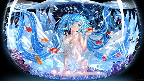 Обои на рабочий стол Vocaloid Hatsune Miku / Вокалоид Хацунэ Мику в белом платье сидит в аквариуме с рыбками, art by swordsouls