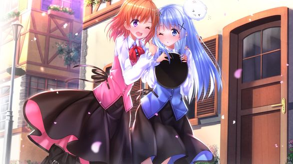 Обои на рабочий стол Hoto Cocoa / Кокоа Хото, Kafuu Chino / Тино Кафу и Tippy / Типпи, персонажи из аниме Gochuumon wa Usagi desu ka? / Кролика заказывали, art by swordsouls