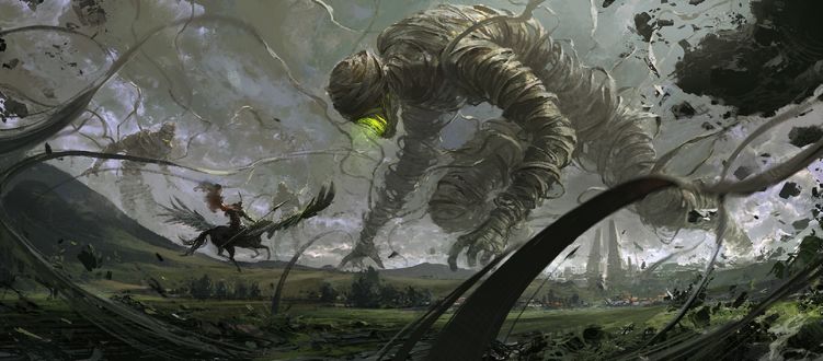 Обои на рабочий стол Воин на черном пегасе в битве против гигантских мумий, by su jian