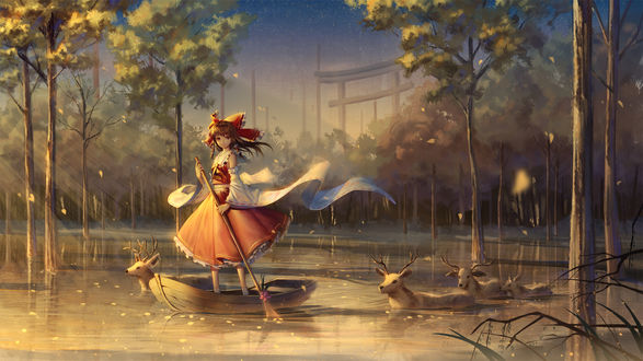 Обои на рабочий стол Reimu Hakurei / Рейму Хакурей плывет на лодке, рядом с ней переходят вброд несколько оленей, персонаж из серии компьютерных игр Touhou Project / «Проект «Восток»», art by ji dao ji