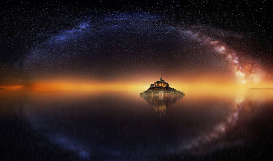 Обои на рабочий стол Замок на острове под ночным небом с млечным путем, by Antonio Amati