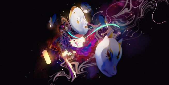 Обои на рабочий стол Hata no Kokoro с горящим фонариком среди масок из игры Touhou Project / Проект Восток